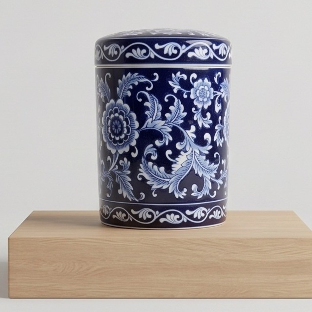 Pier 1 Mandarin Lidded Canister Jar 7.5" Cobalt Blue & White Vintage Heavy - Picture 2 of 11